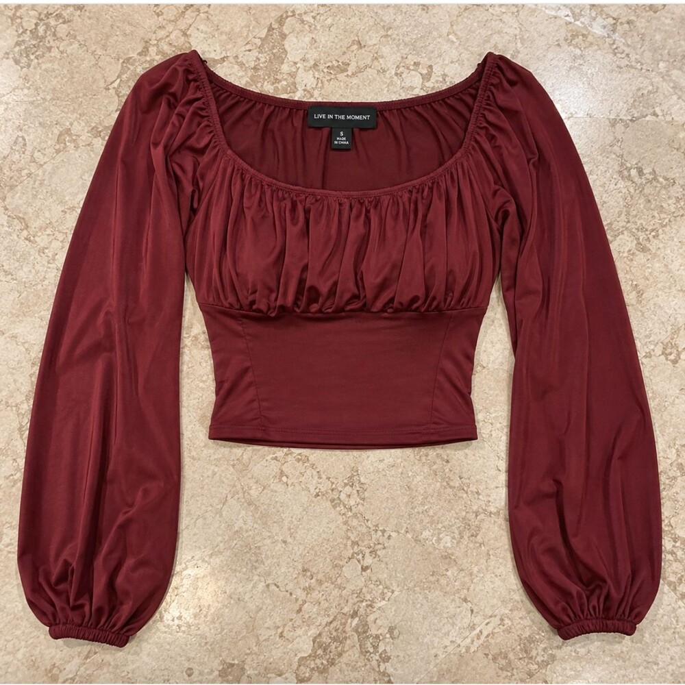 Live In The Moment Womens Burgundy Ruched Crop Top Puff Sleeve Peasant Blouse S